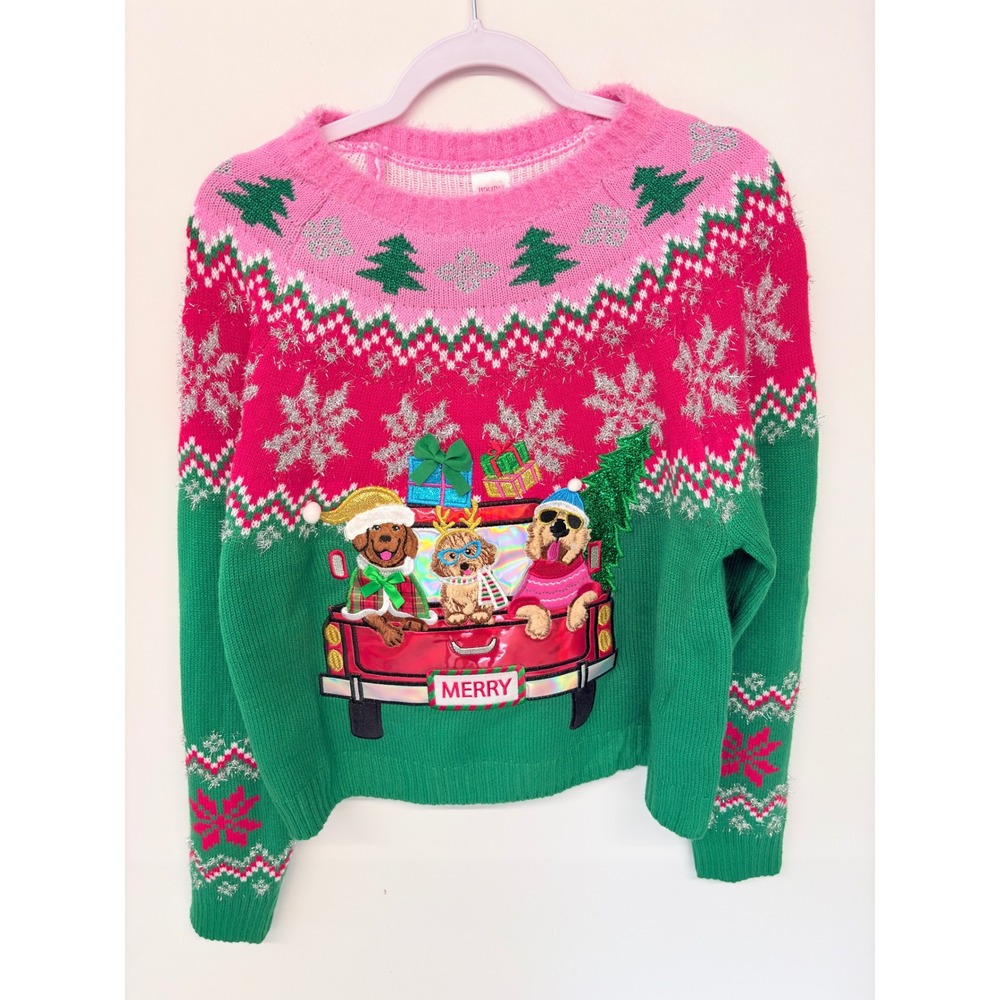 Ugly Christmas Sweater Dog Truck Holiday Time W XL Pink Green Kitsch Festive